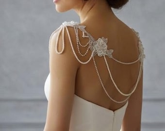 Pearl and Lace Shoulder Necklace, Shoulder Jewelry