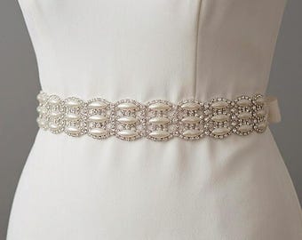Handmade Pearl Bridal Sash: Silver Wedding Dress Belt