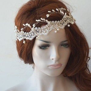 Ivory Lace and Pearl Headpiece, Wedding Headband, Bridal Headpiece, Wedding Hair accessory, Pearl and Rhinestone Hair Piece, Forehead Halo