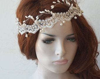 Ivory Lace and Pearl Headpiece, Wedding Headband, Bridal Headpiece, Wedding Hair accessory, Pearl and Rhinestone Hair Piece, Forehead Halo