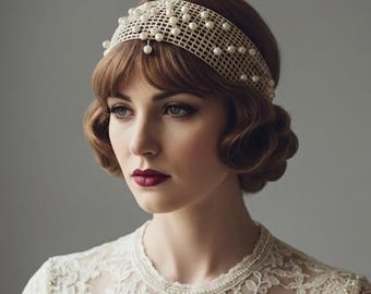 1920s Lace Headpiece, Lace and Pearl