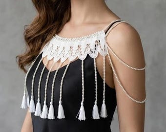 Handmade Lace Pearl Wedding Shoulder Necklace: Bridal Body Jewelry