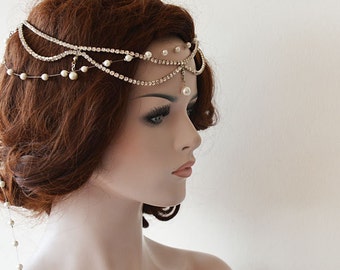 Pearl Bridal Hair Chain, Rhinestone Long Wedding Hair Accessory, Wedding Bohemian Hair Accessory