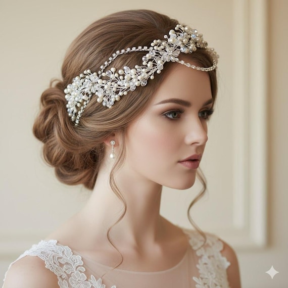 Crystal Bead and Pearl Headpiece for Wedding, Silver 