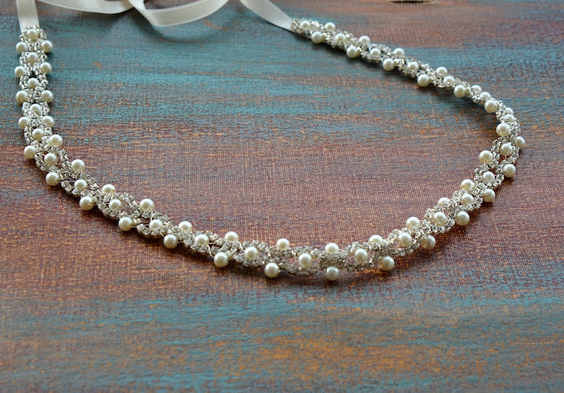 Handmade Pearl Belt for Wedding Dress, Pearl and Rhinestone Vintage Style Bridal Thin Bridal Belt, Wedding Accessories image 8