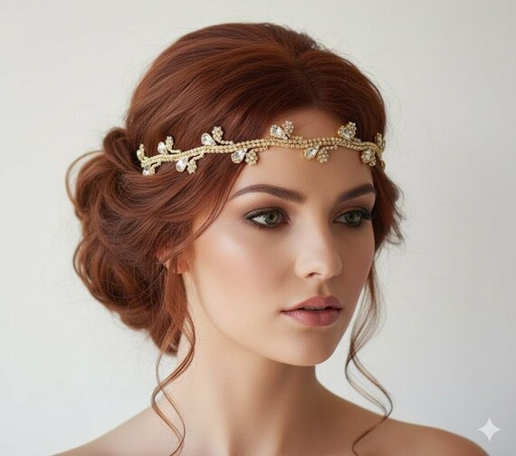 Gold Crystal Bridal Headband: Rhinestone Wedding Hair Vine  display picture 2