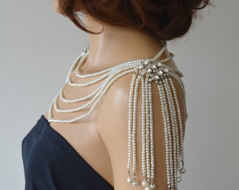 Pearl and Rhinestone Bridal Shoulder Jewelry, Wedding Shoulder Necklace