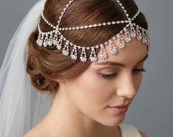 Silver Crystal Bridal Halo Headpiece with Draped Fringe – Wedding Hair Chain – Vintage Head Jewelry