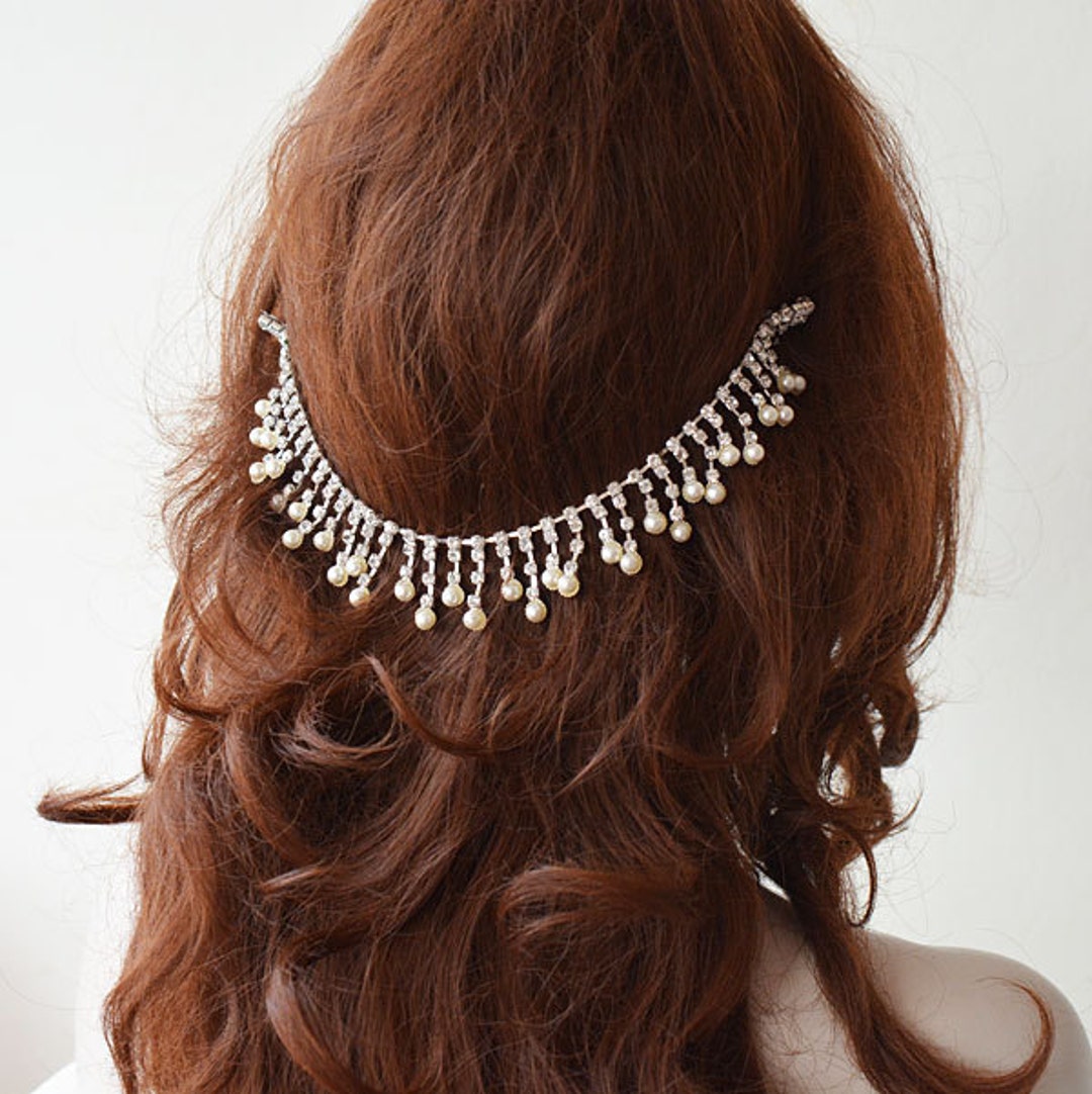 Rhinestone and Pearl Bridal Hair Chain, Crystal Wedding Hair Piece