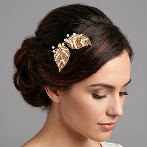 Gold Leaf Pearl Wedding Hair Pin: Bridal Hair Accessory