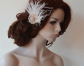 Crystal Rose Gold Vintage Style Wedding Brooch, Rhinestone Gatsby Hair Piece, Feather Headpiece