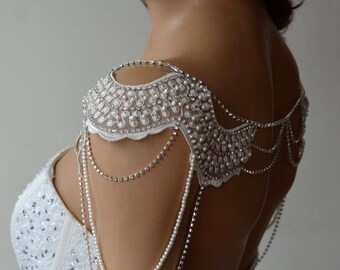 Collar de hombro de encaje, joyería del hombro de la boda, hombro de piedra de renania de la novia, joyería de la boda de la perla para la novia, joyería del cuerpo del vestido de novia