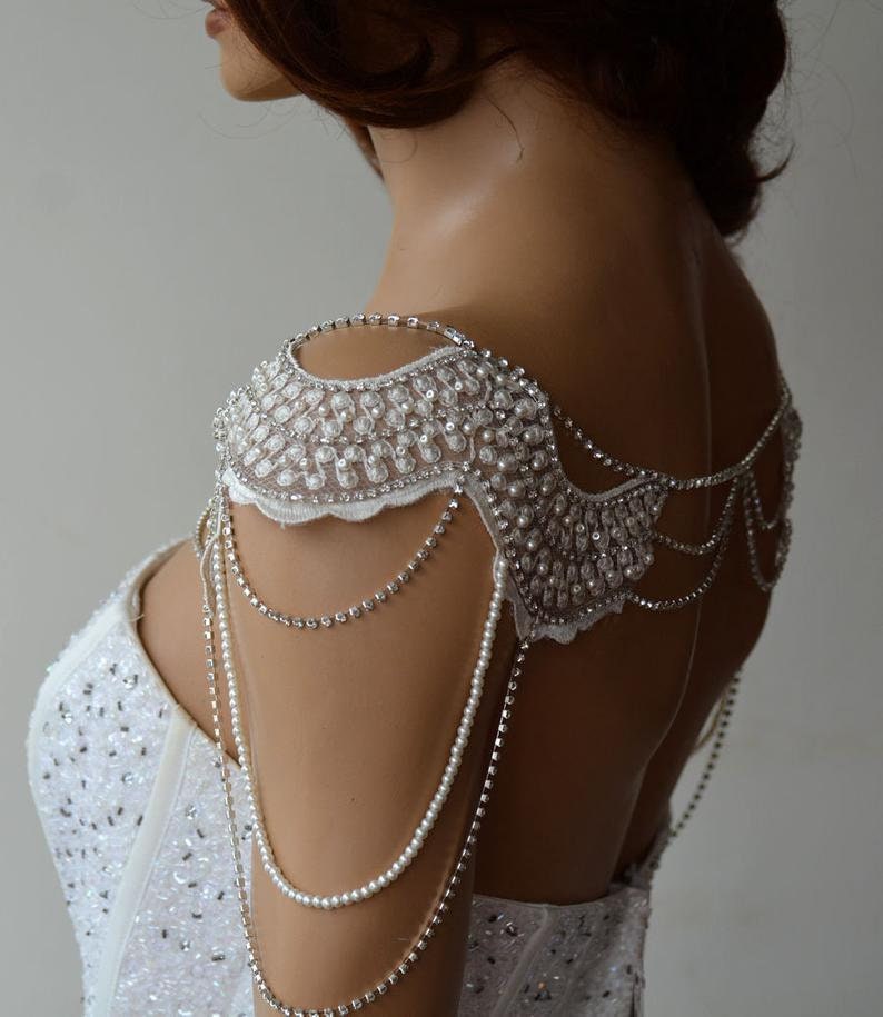 Lace Shoulder Necklace, wedding Shoulder Jewelry, Bridal Rhinestone Shoulder, Pearl Wedding Jewelry for Bride, Wedding Dress Body Jewelry image 1