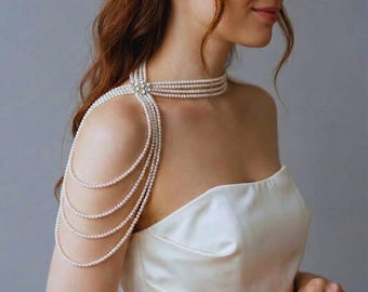 Single Shoulder Pearl Necklace Bridal, Asymmetrical  Wedding Jewelry