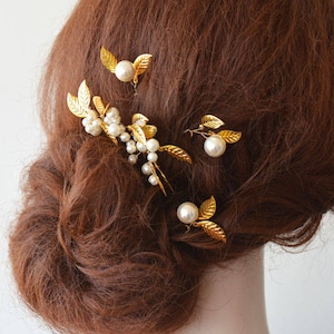 Wedding Hair Comb Set: Gold Leaf & Pearl Bridal Hair Pins