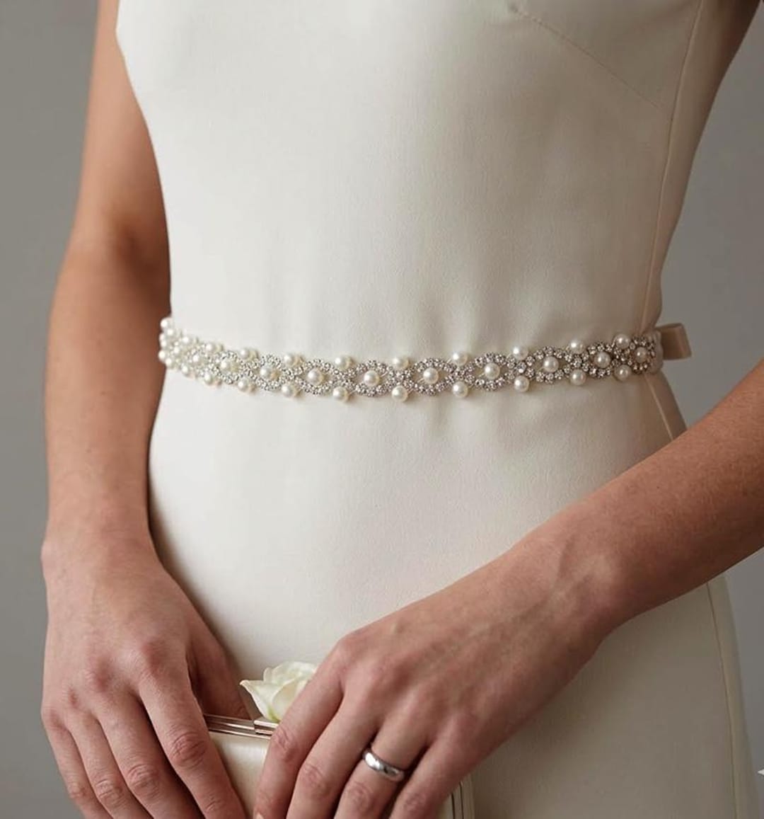 Handmade Pearl Rhinestone Bridal Belt: Vintage Wedding Dress 