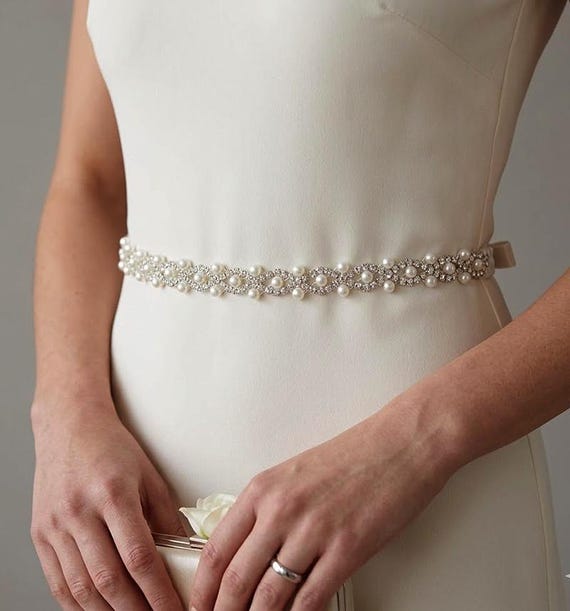 Handmade Pearl Rhinestone Bridal Belt: Vintage Wedding Dress  display picture 3