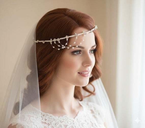 1# Bride hair band Beige Bridal Headband, Wedding Headpiece With Veil, Ivory  main image 3