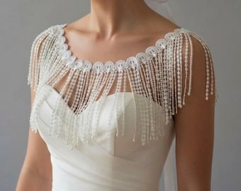 Lace Pearl Wedding Shoulder Necklace: Bridal Fringed Cape