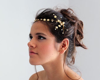 Goldblumen- und Perlen-Hochzeits-Kopfschmuck, Braut Vintage İnspirierter Haarschmuck