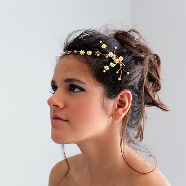 Wedding Headpiece, Gold Flower and Pearl Headband, Flower Hair Piece, Bridal Halo Hair Vine, Wedding Vintage İnspired Hair Accessory