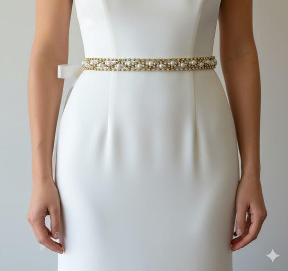 6199 Bridal Belt With Rhinestones Wedding Dress Pearl Handmade Handmade Pearl Rhinestone Bridal Belt: Vintage Wedding Dress  main image 2