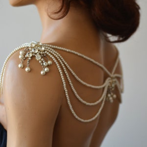 Wedding Pearl Bridal Shoulder Necklace, Shoulder Jewelry for Bride, Rhinestone Shoulder Necklace, Bridal Accessories for Dress, Body Jewelry