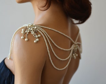 Wedding Pearl Bridal Shoulder Necklace, Shoulder Jewelry for Bride, Rhinestone Shoulder Necklace, Bridal Accessories for Dress, Body Jewelry