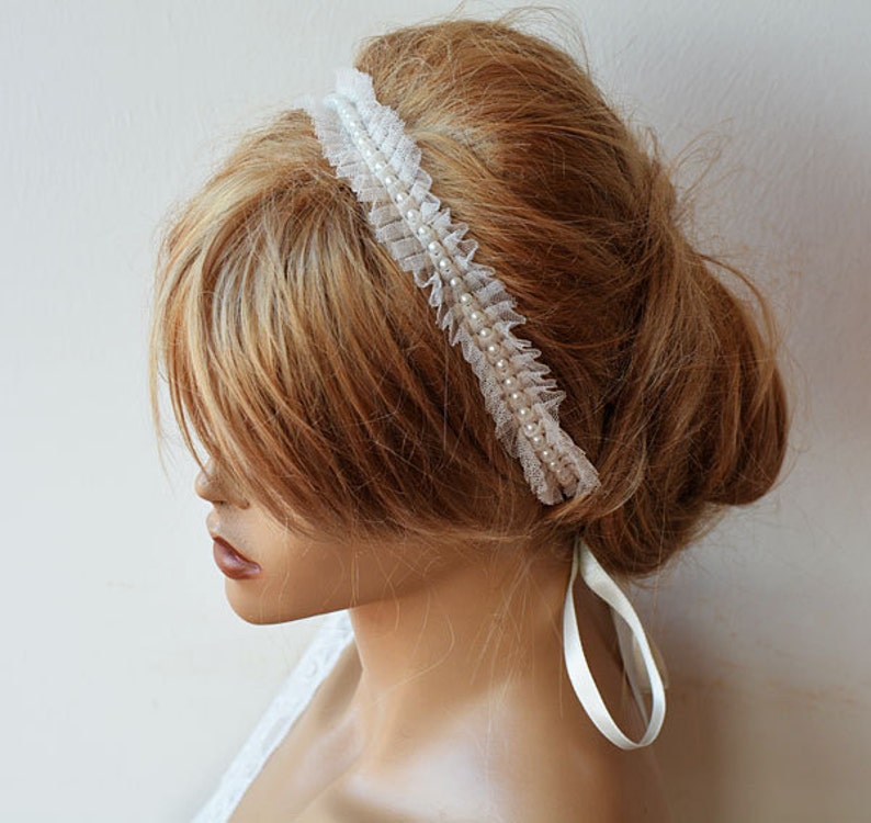 Bridesmaid Headband, Ivory Lace and Pearl Headpiece, Prom Hair Accessories, Pearl Wedding Hair Piece, Bridal Hair Vine, Halo Hair Band image 3