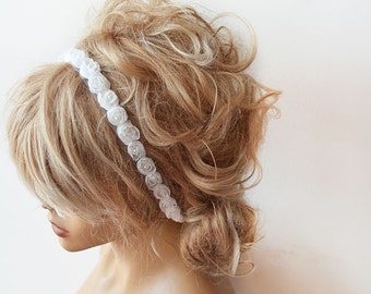 Off White Flowers Bridesmaid Headband, Prom Hair Accessories,  Wedding Hair Vine, Halo Headpiece, Pearl Bridal Hair Band, Wedding Bride Hair