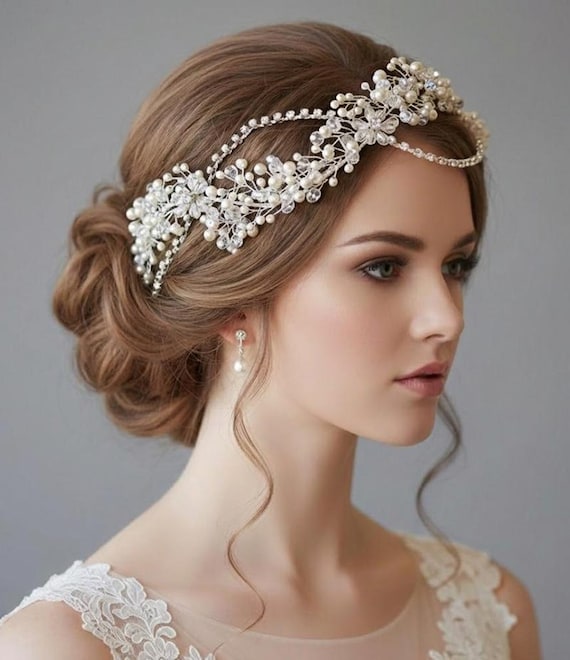 Crystal Bead and Pearl Headpiece for Wedding, Silver  display picture 3