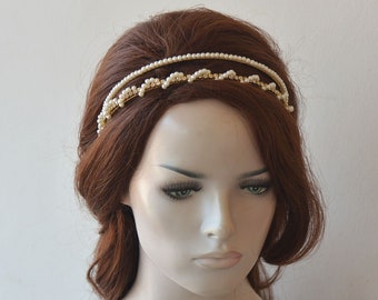 Double Pearl Tiara Headpiece For Wedding, Rhinestone Bridal Crown Tiara Hair Accessories