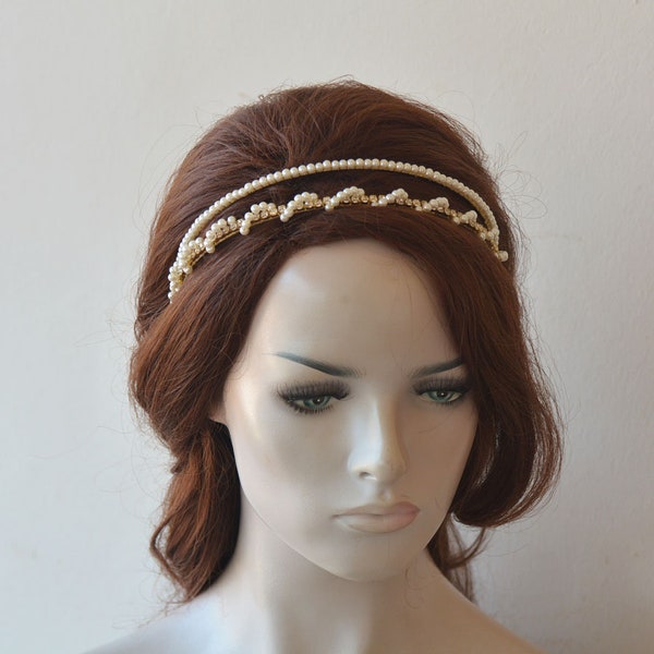 Double Pearl Tiara Headpiece For Wedding, Rhinestone Bridal Crown Tiara Hair Accessories