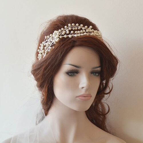 Pearl Hair Tiara White Pearl Silver Wedding Headband Bridal Etsy