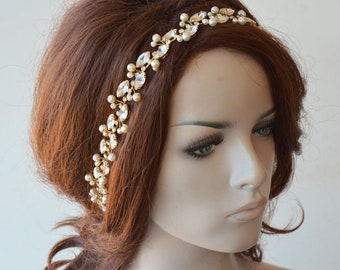 Crystal and Pearls Hair Piece For Wedding, Bridal Crystal Halo Hair Vine With Ribbon