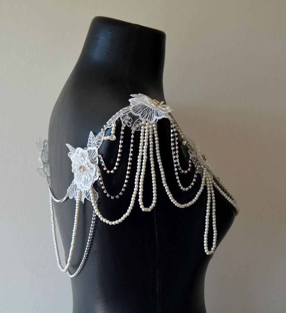Pearl and Lace Shoulder Necklace, Shoulder Jewelry, image size:1000x1094