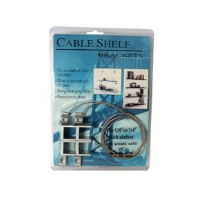 May include: Cable shelf brackets in a clear plastic package. The package includes metal brackets, cables, and instructions. Text on the package reads "Cable Shelf Brackets" and "For 5/8" to 3/4" thick shelves". The brackets can hold up to 100 lbs.