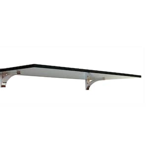 May include: A glass shelf with two clear acrylic brackets. The shelf is rectangular and has a black edge.