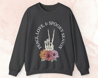 平和、愛、そして不気味な季節のハロウィンクルーネックスウェットシャツ