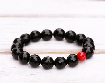 Black agate bracelet, Coral Bracelet, Natural stones bracelet, Red and black bracelet, Ballance Protection Bracelet, Stretch Bracelet
