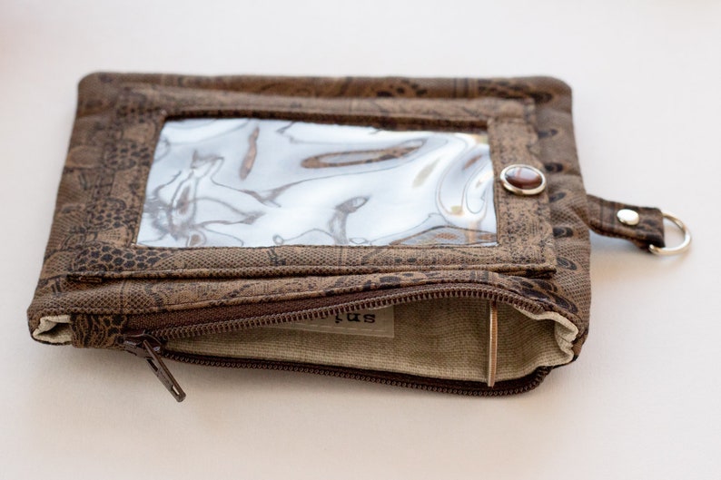 Brown Paisley Badge Holder Brown and Black Cotton Fabrics Zipper Pouch with Clear Window Handmade ID Wallet Brown Lanyard Wallet