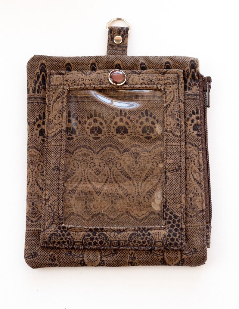 Brown Paisley Badge Holder Brown and Black Cotton Fabrics Zipper Pouch with Clear Window Handmade ID Wallet Brown Lanyard Wallet