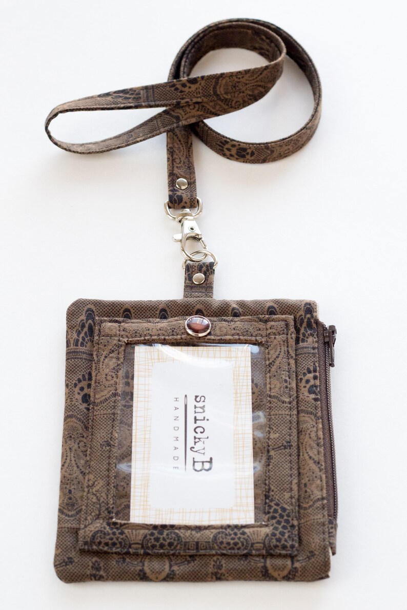 Brown Paisley Badge Holder Brown and Black Cotton Fabrics Zipper Pouch with Clear Window Handmade ID Wallet Brown Lanyard Wallet