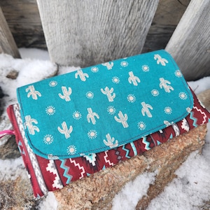 Cartera del suroeste, Cartera de cactus, Billetera azteca, Cartera de tela para damas, Cartera con cremallera para damas, Cartera con broche, Cartera para damas hecha a mano