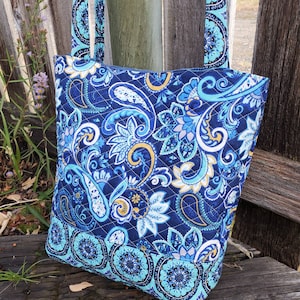 Large Quilted Tote, paisley Purse, Book Bag, Beach Bag, Diaper Bag, Book Bag quilted Purse,  fabric purse,  blue quilted handbag