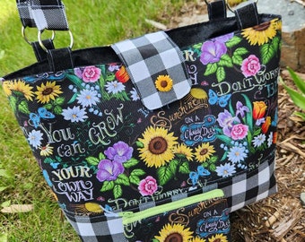 Floral Tote, Sunflower Purse, buffalo plaid Handbag,  Garden Tote, Travel Tote, floral Purse, Handmade Purse, Purse with pockets