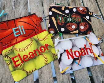 Sports Change Purse, Personalized Sports Coin Purse, Baseball Coin Pouch, Boys Zipper Wallet, Soccer Coin bag, ear bud pouch, softball pouch