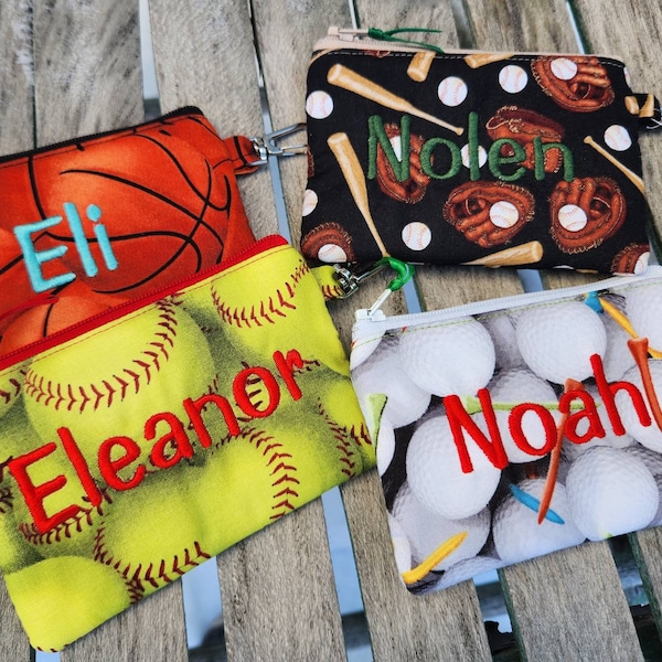 Sports Change Purse, Personalized Sports Coin Purse, Baseball Coin Pouch, Boys Zipper Wallet, Soccer Coin bag, ear bud pouch, softball pouch
