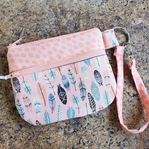 Pulsera de plumas, Bolsa cosmética con cremallera de coral, Bolsa de plumas, Cartera con cremallera, Pulsera con doble cremallera, Pulsera de tela,