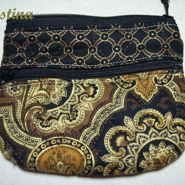 Paisley Quilted Cosmetic Bag, Black and Gold Zippered Pouch